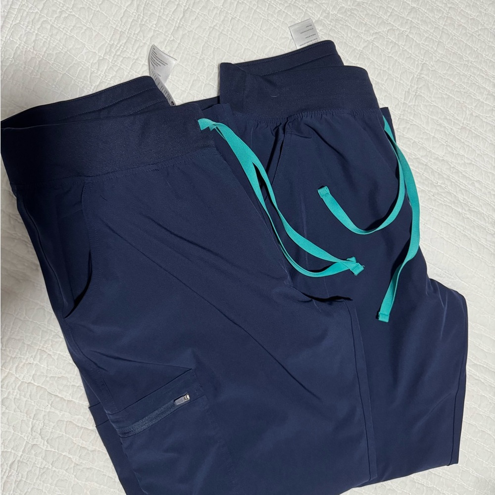 Figs Navy Blue Scrub Pants with Teal Drawstrings